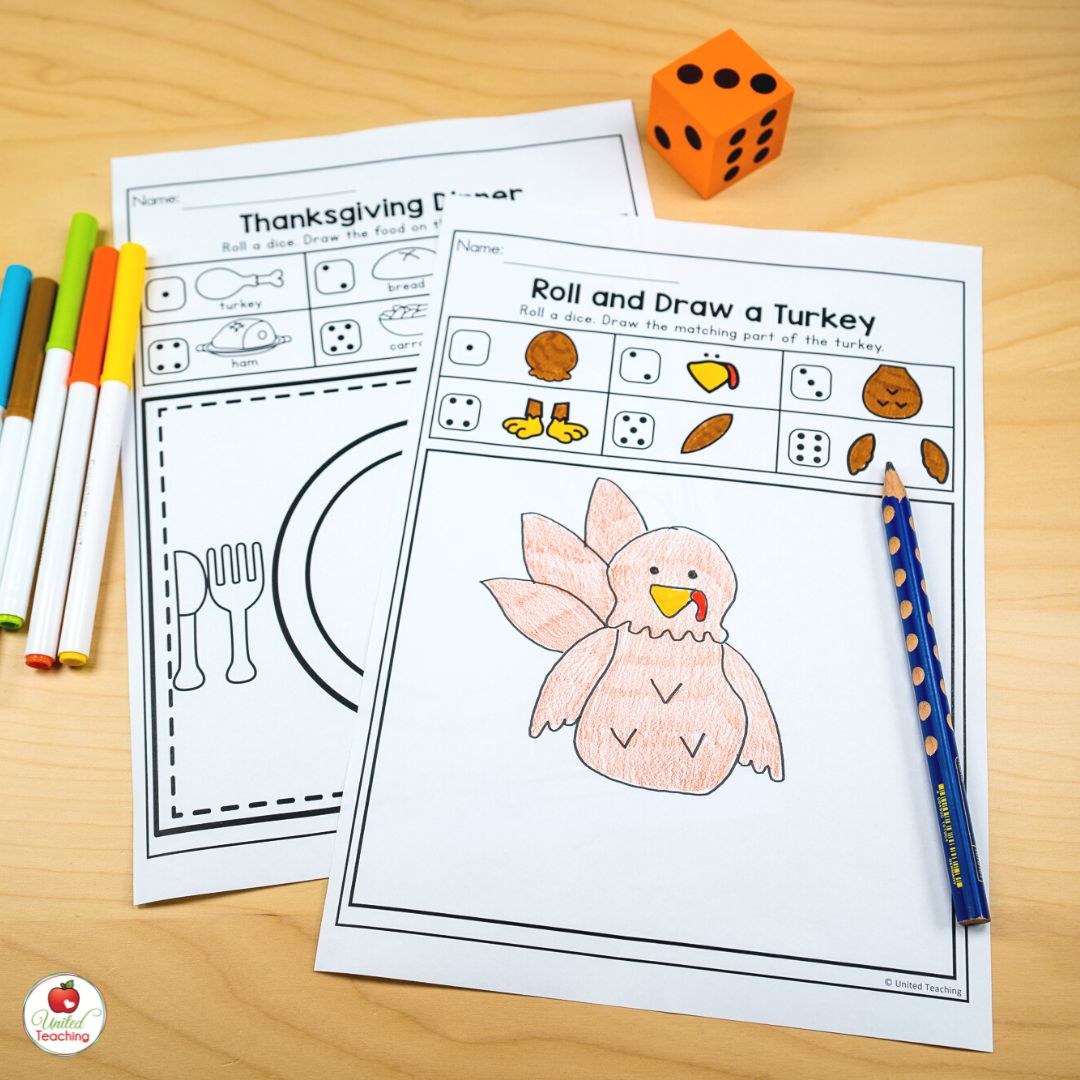Roll and Draw a Turkey and Thanksgiving Dinner fun worksheets