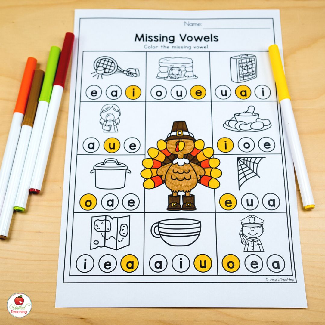 November Missing Vowels Worksheet for Kindergarten