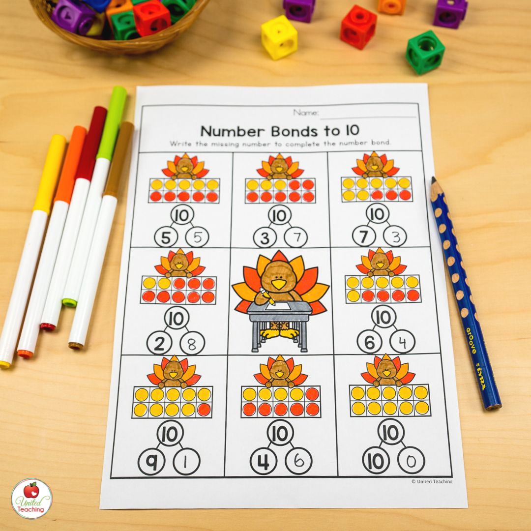 Thanksgiving number bonds to 10 math worksheet