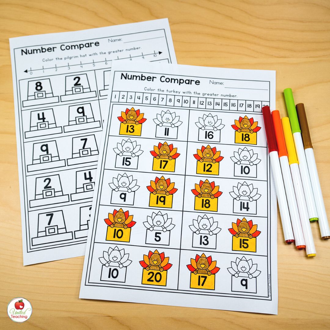 Thanksgiving number comparison math worksheets for kindergarten