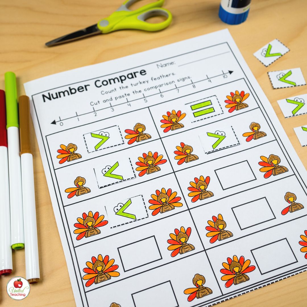 Turkey feather number comparison math worksheet for November