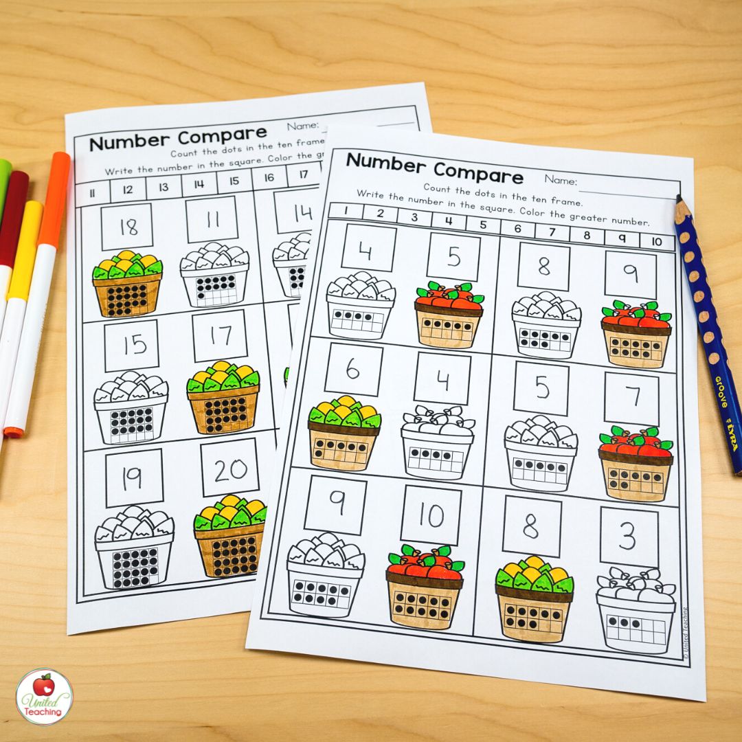 Number comparison with ten frames math worksheets for November