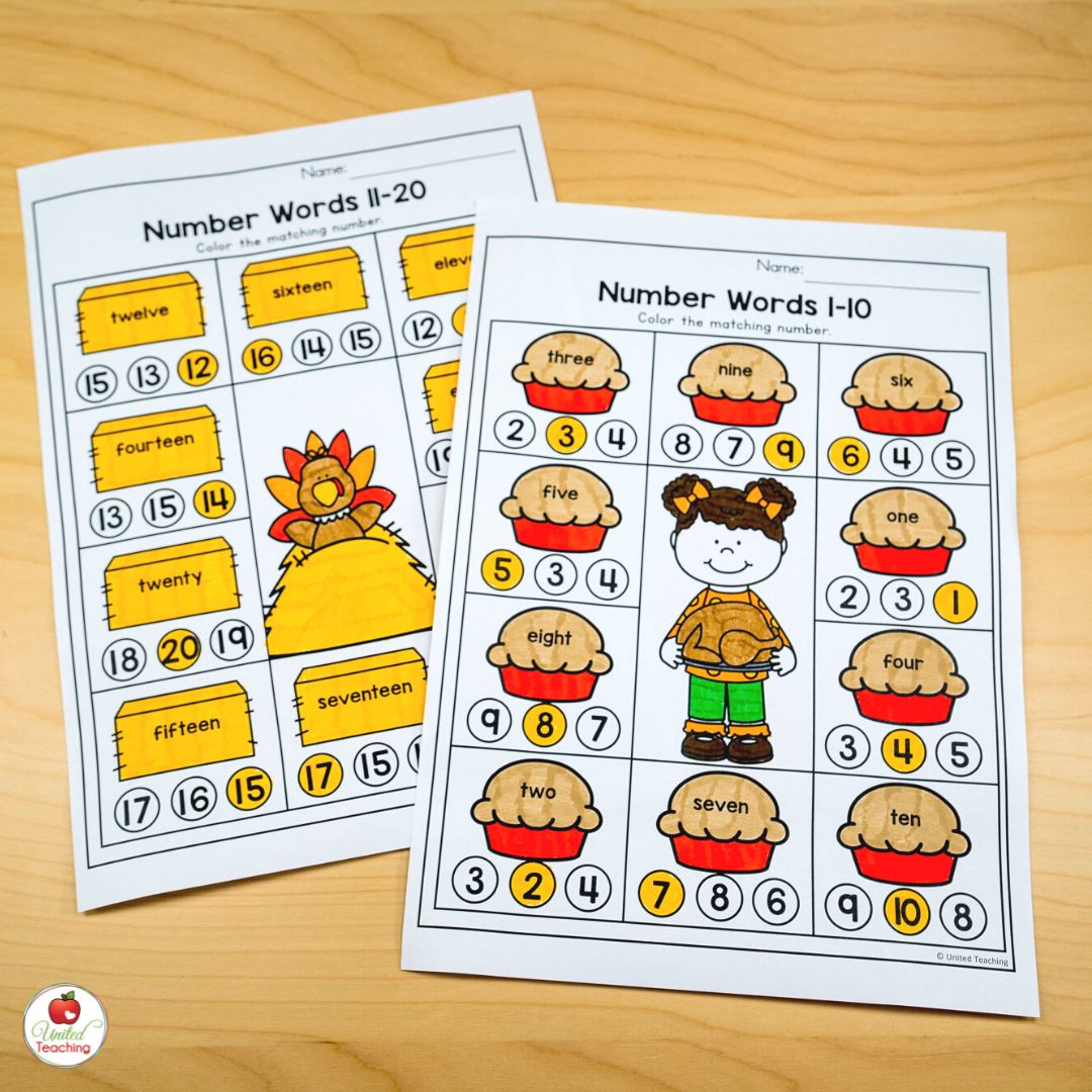 Thanksgiving number words worksheets for numbers 1 to 20