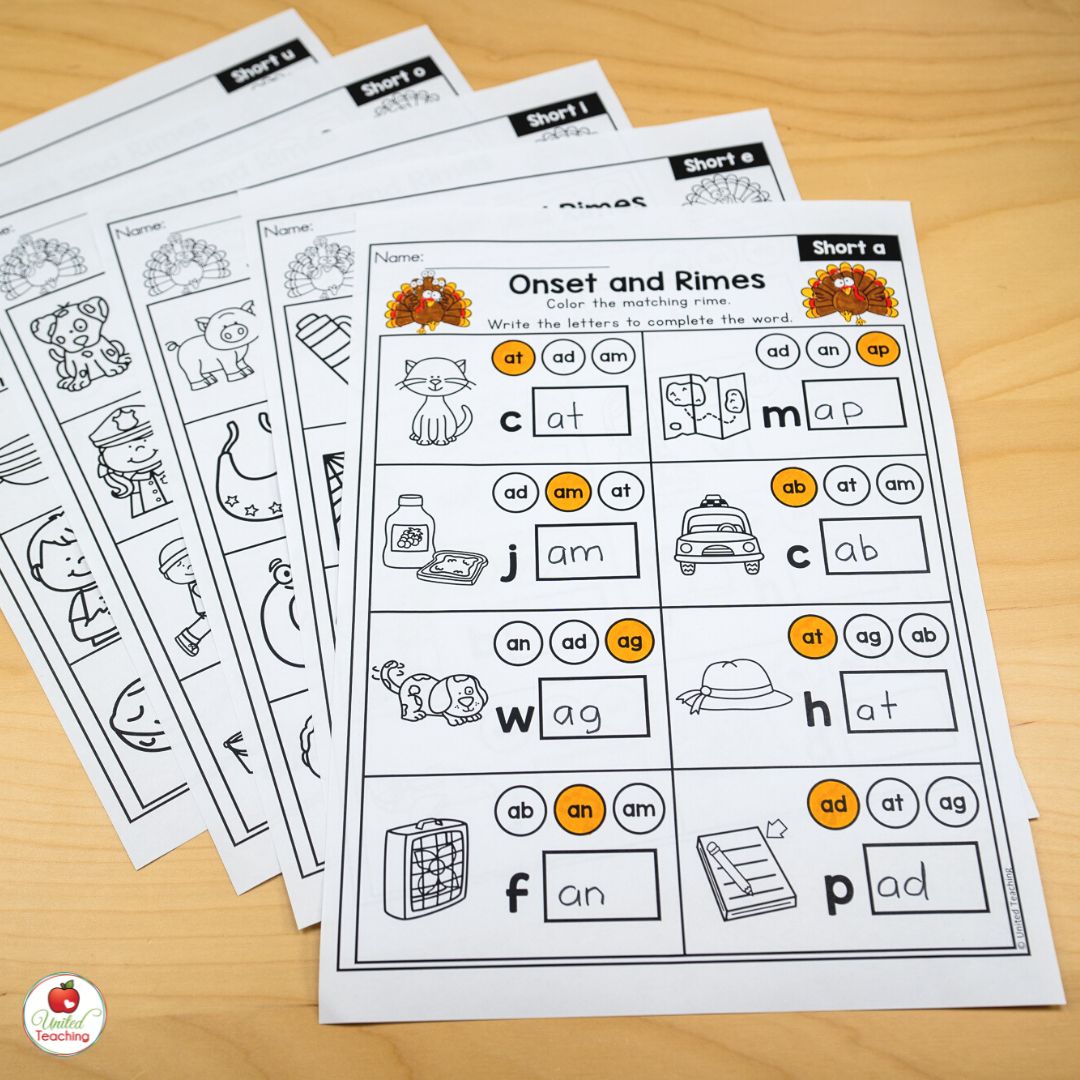 Collection of Thanksgiving Onsets and Rimes worksheets for kindergarten