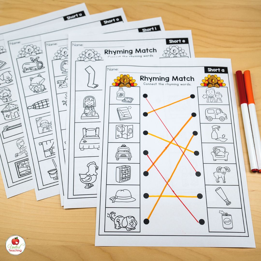 Collection of November kindergarten rhyming words worksheets for short vowels