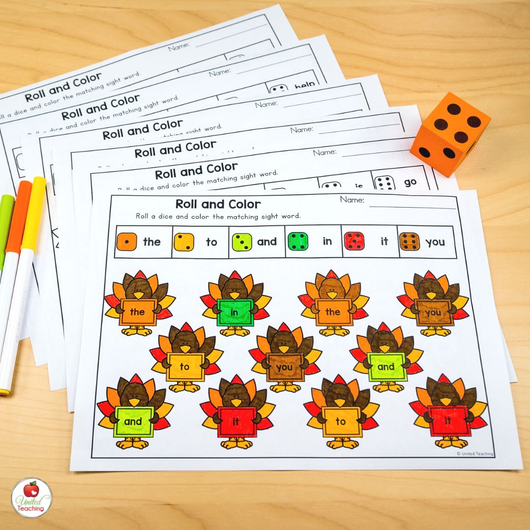 November Roll and Color Sight Words worksheets for kindergarten