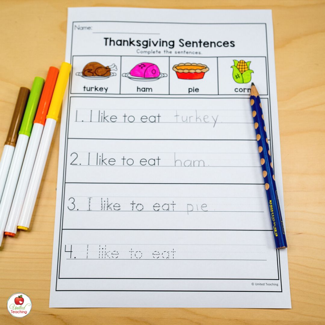 Complete the sentence Thanksgiving worksheet