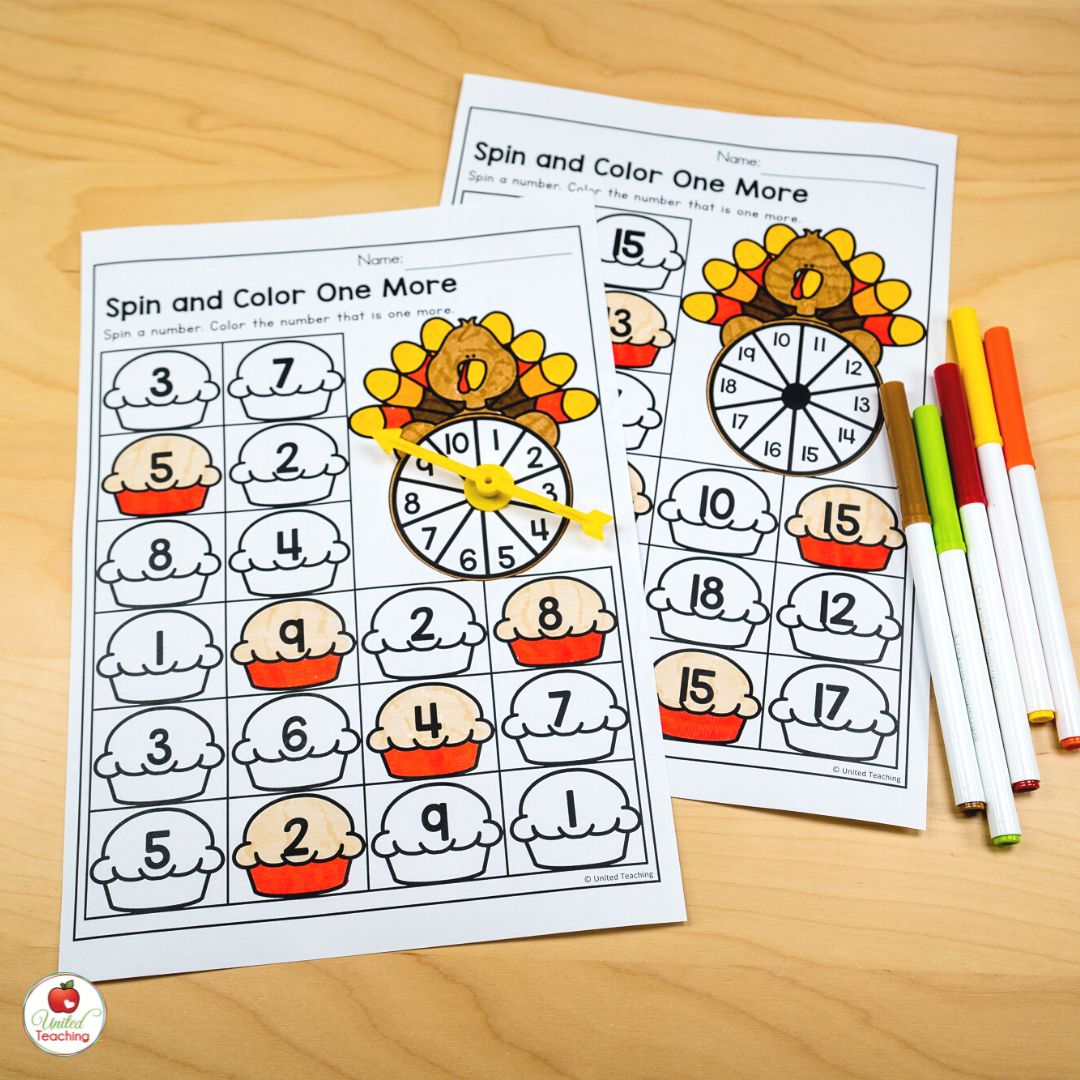 Spin and Color One More for Numbers to 20 math worksheets
