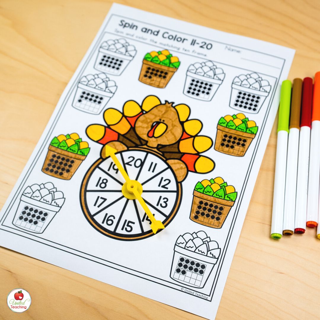 Spin and Color a ten frame for numbers 11-20 Thanksgiving math worksheet
