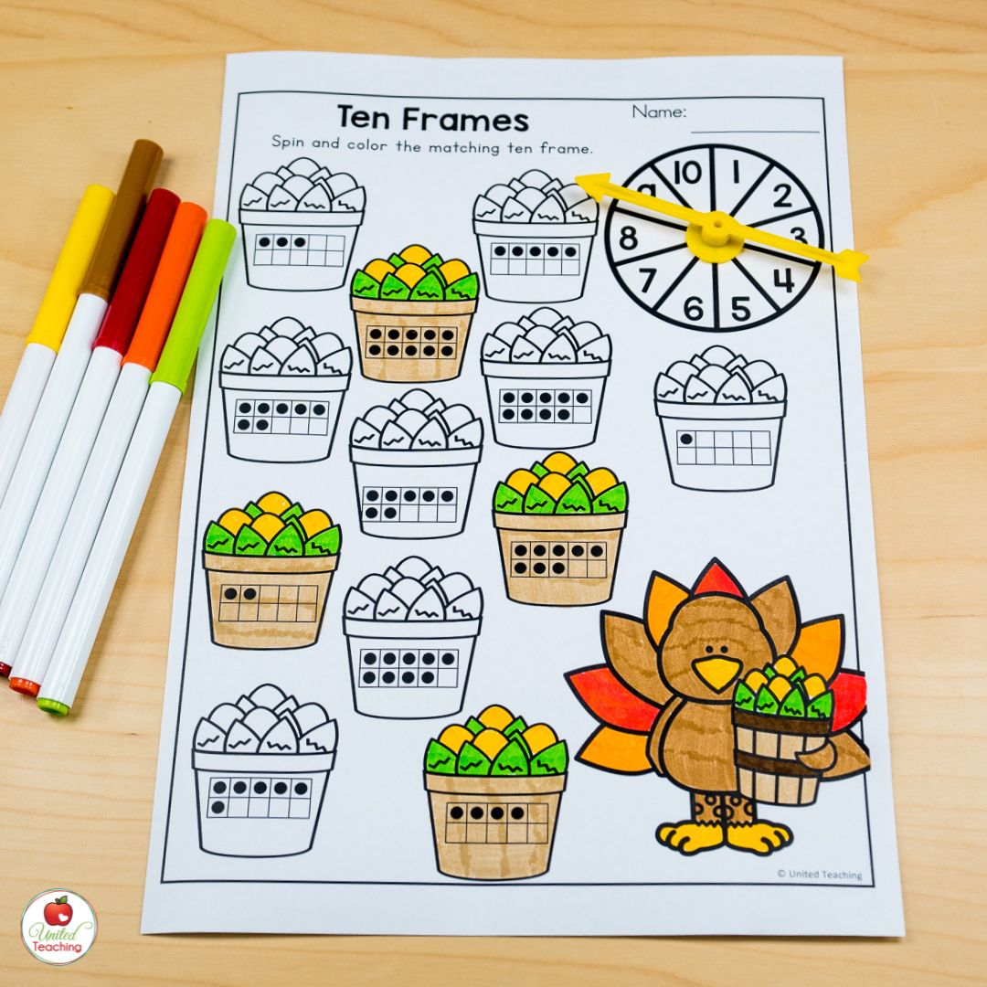 Spin and Color a ten frame for numbers 1-10 thanksgiving math worksheet