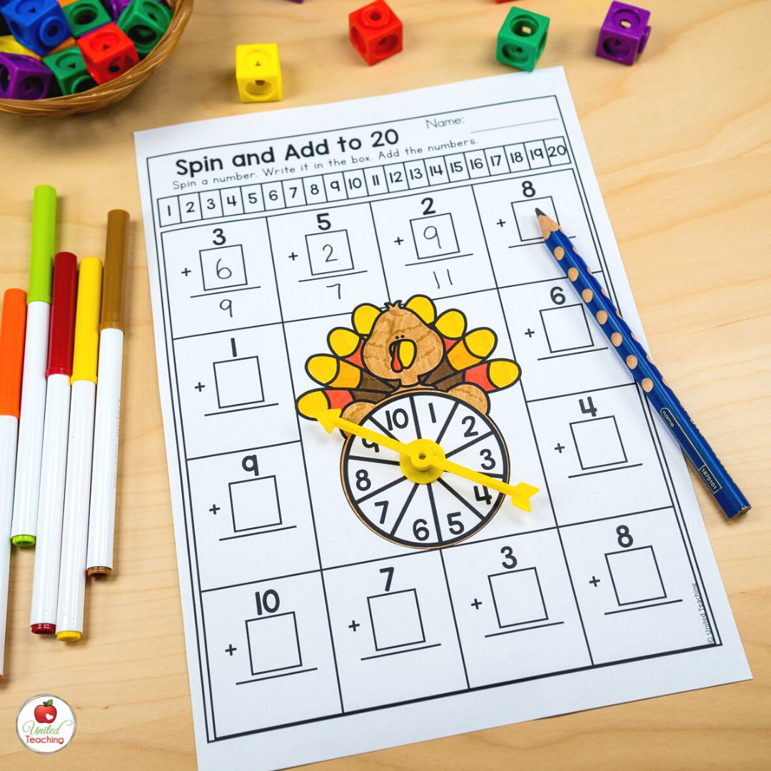 Spin and add to 20 turkey math worksheet