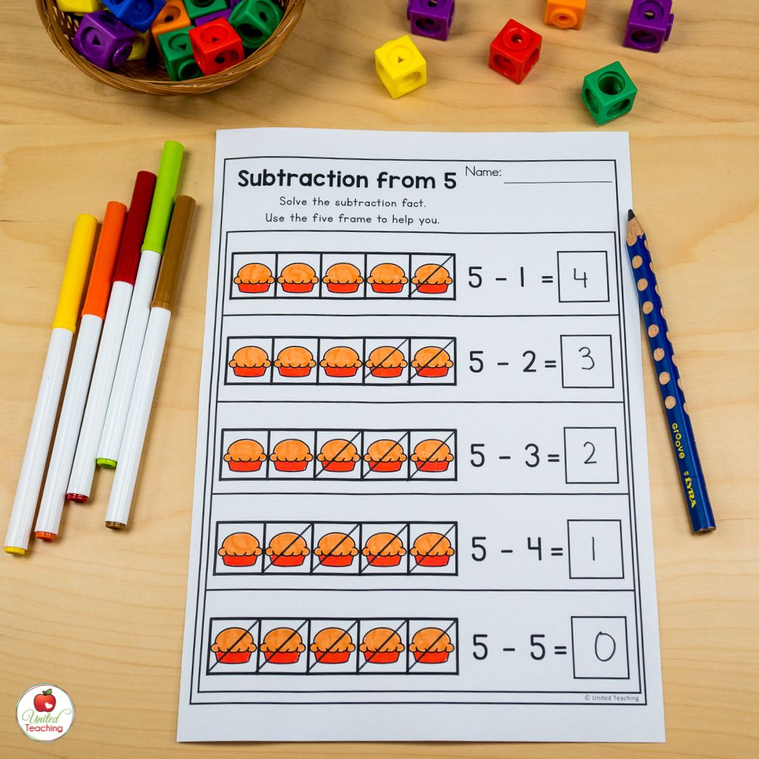 Apple pie subtraction math worksheets for thanksgiving