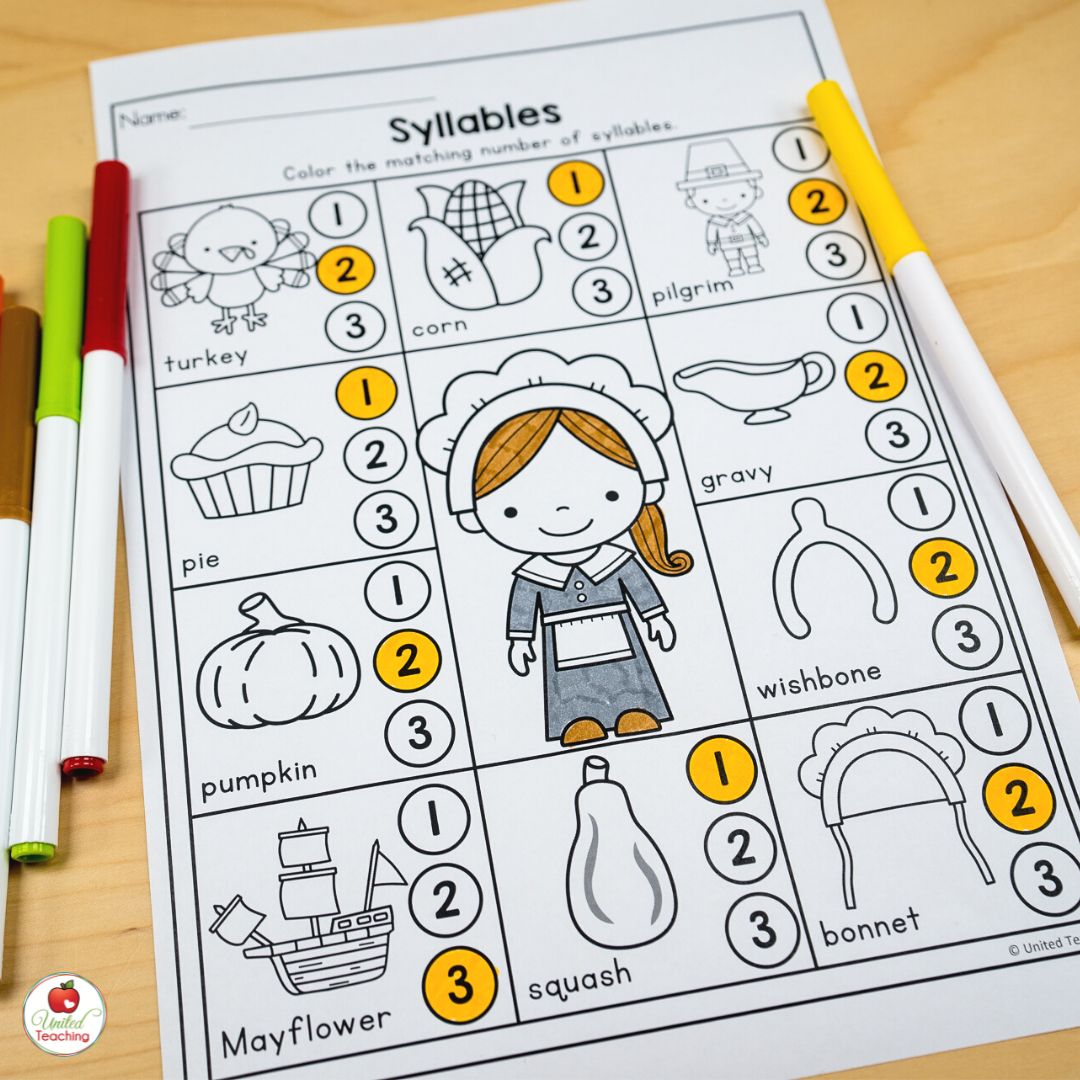 Thanksgiving Counting Syllables worksheet for kindergarten