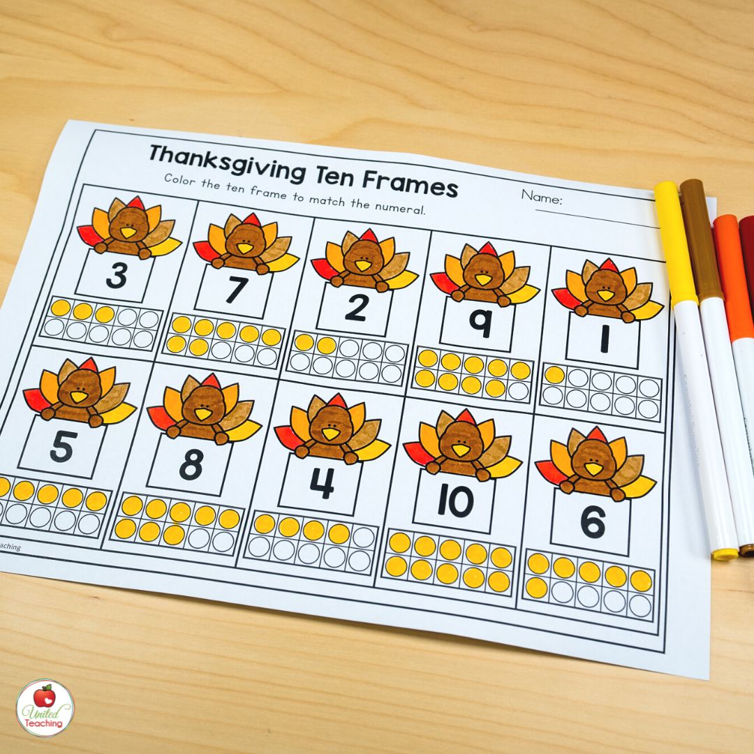 Thanksgiving ten frames coloring math worksheet for kindergarten