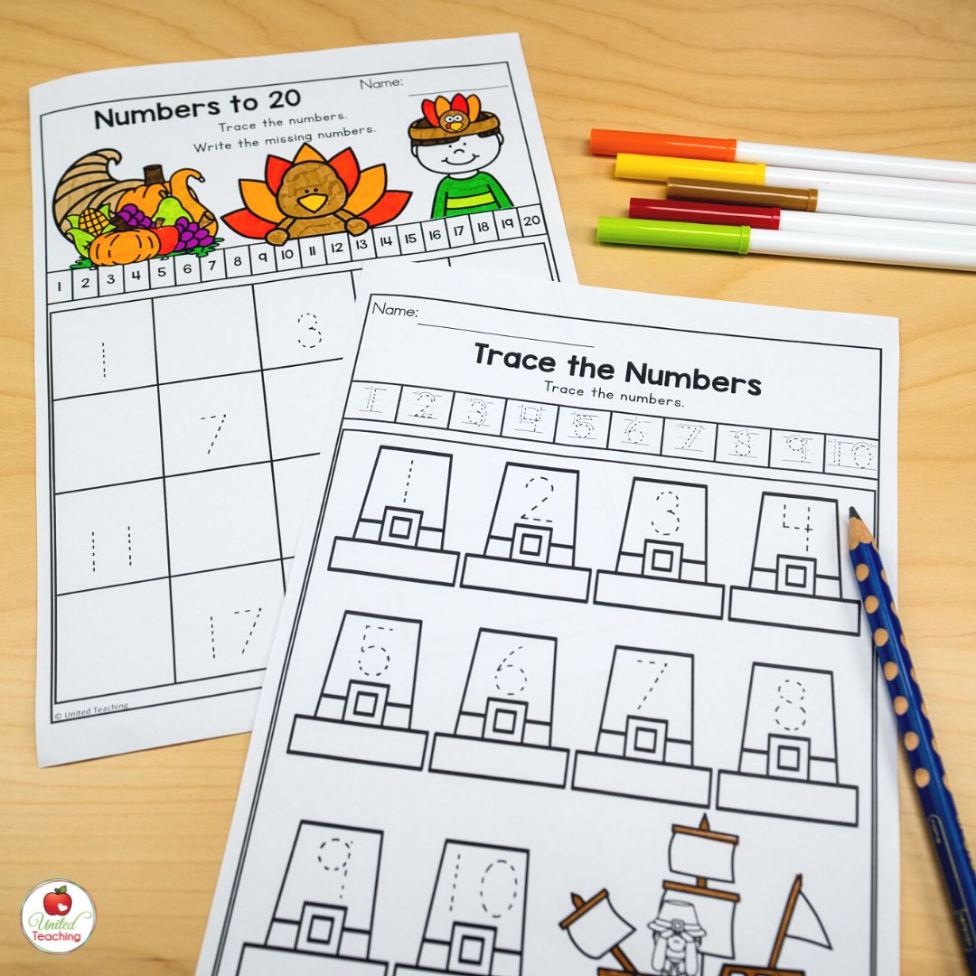Number tracing math worksheets to use with kindergarten students in November