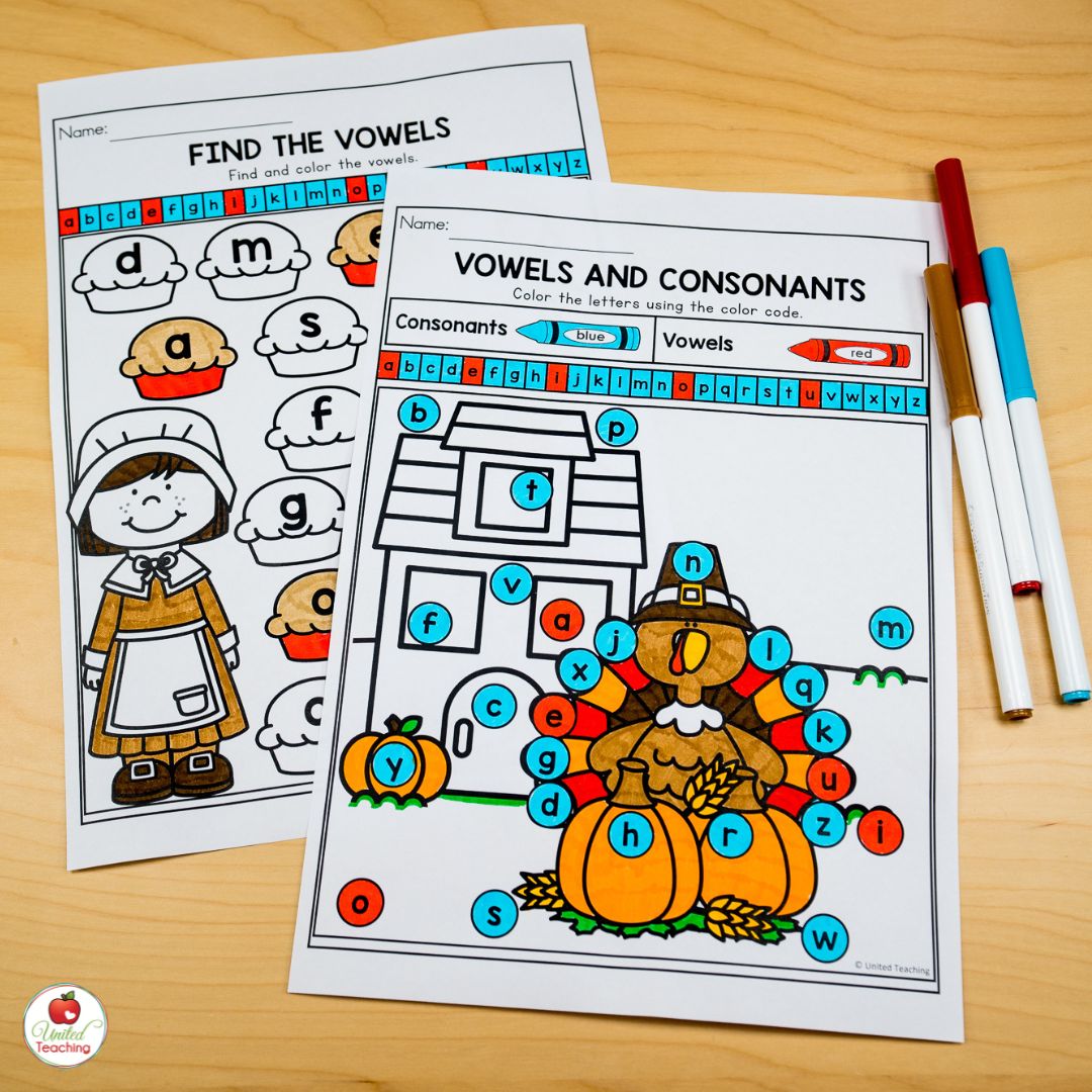 November Thanksgiving-themed consonant and vowel worksheets for kindergarten
