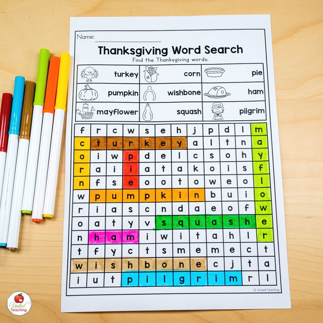 Thanksgiving word search worksheet for the month of November