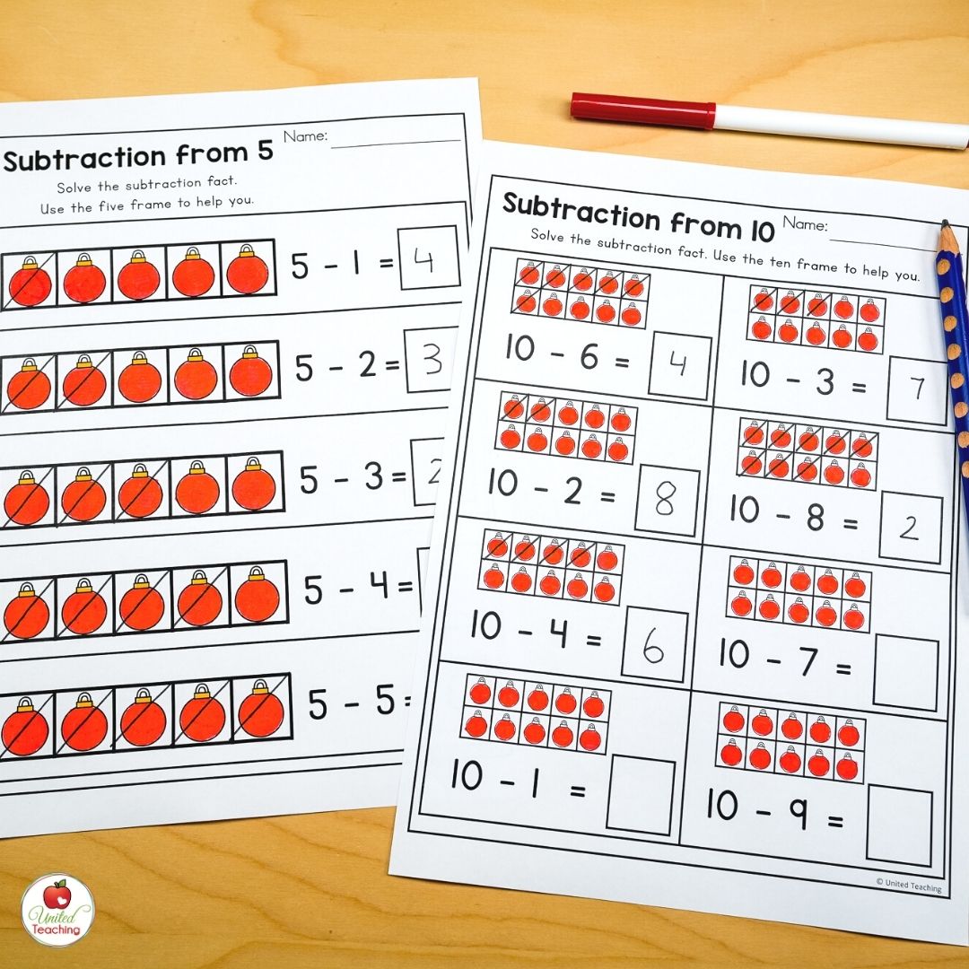 Christmas ornament subtraction math worksheets for December