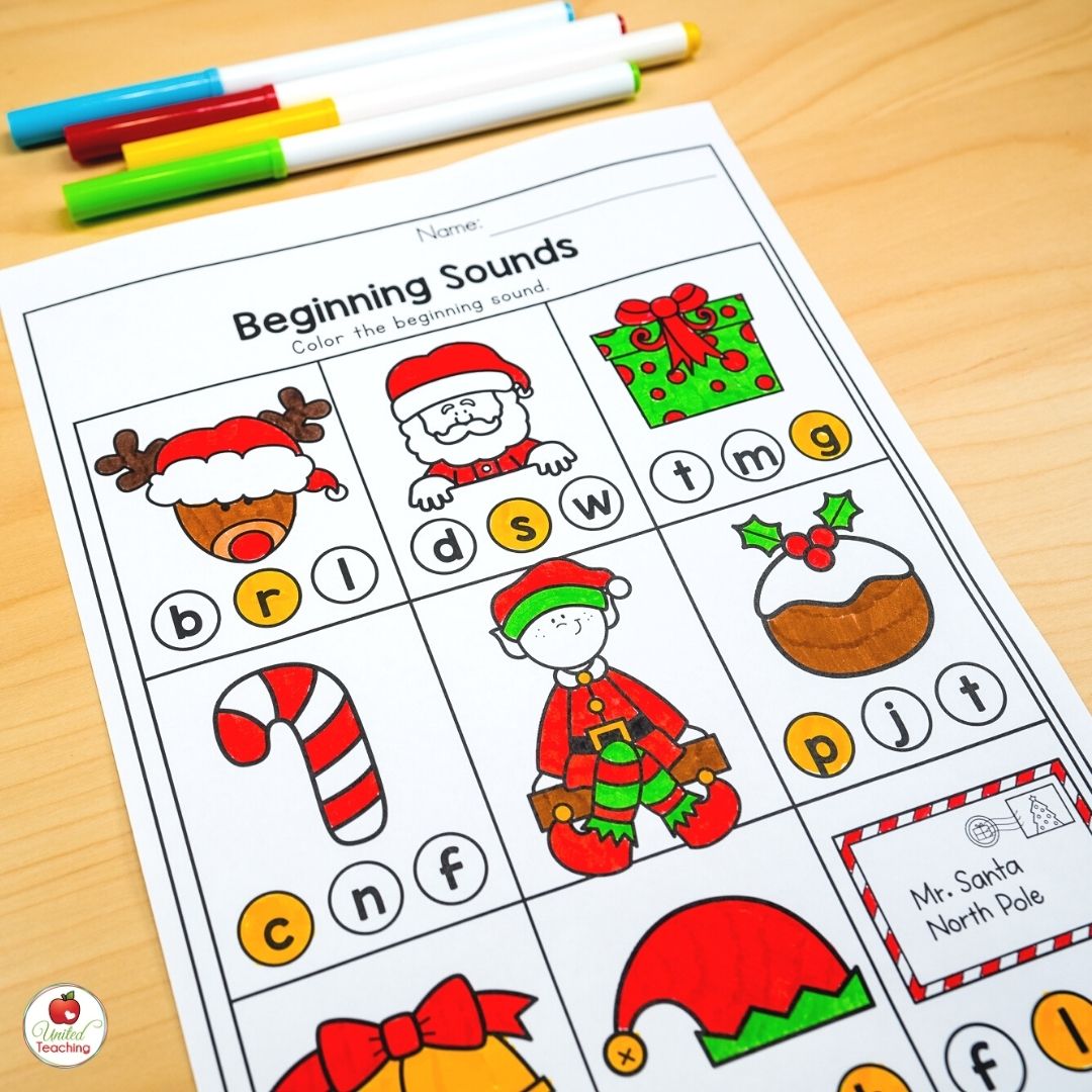 Beginning sounds Christmas phonics worksheet for kindergarten