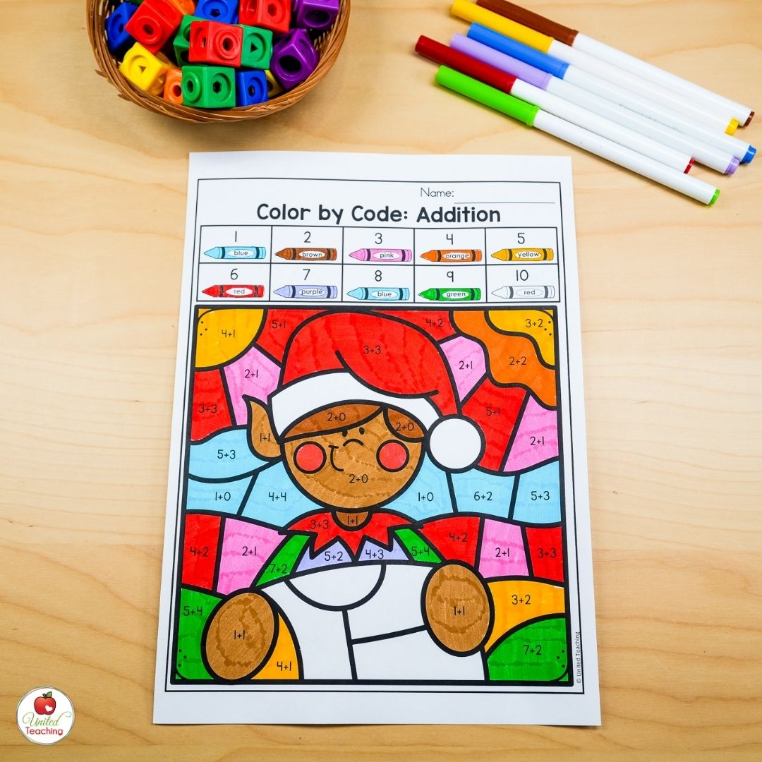 Color by Code Christmas addition math worksheet