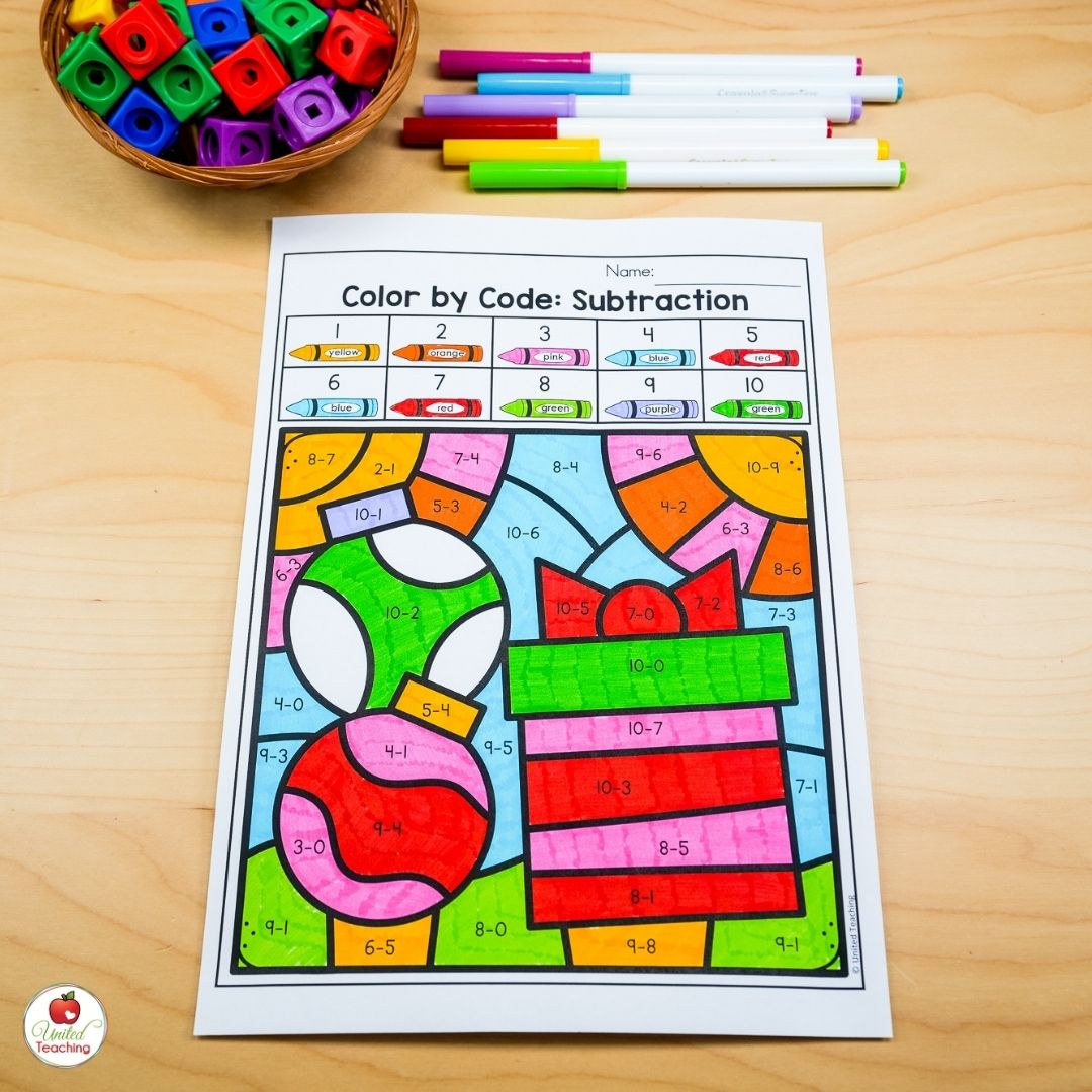 Christmas color by subtraction math worksheet for kindergarten