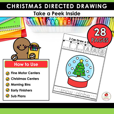 How to use the Christmas Directed Drawing worksheets with an example of the Snow Globe directed drawing worksheet