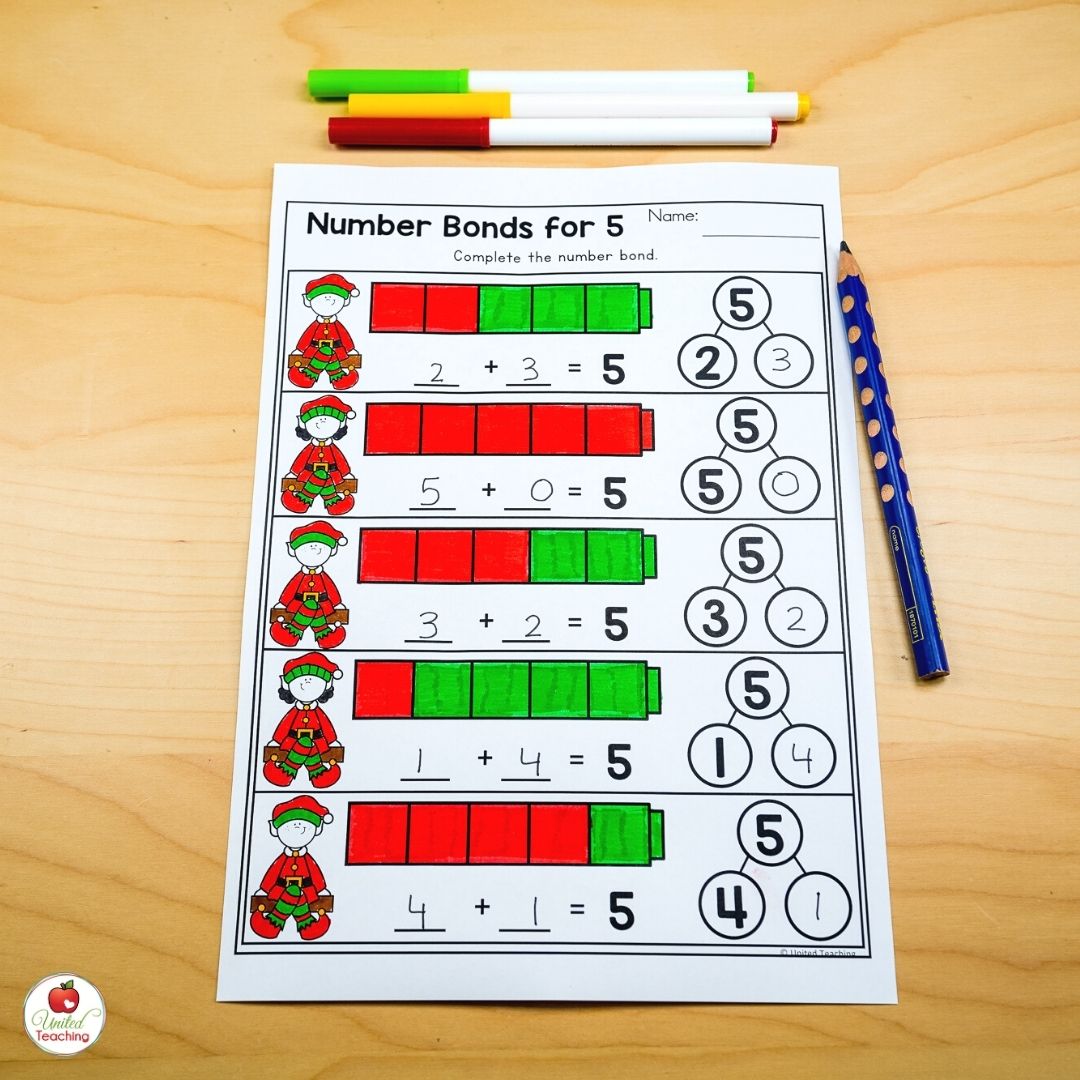 Number bonds for 5 Christmas math activity for December