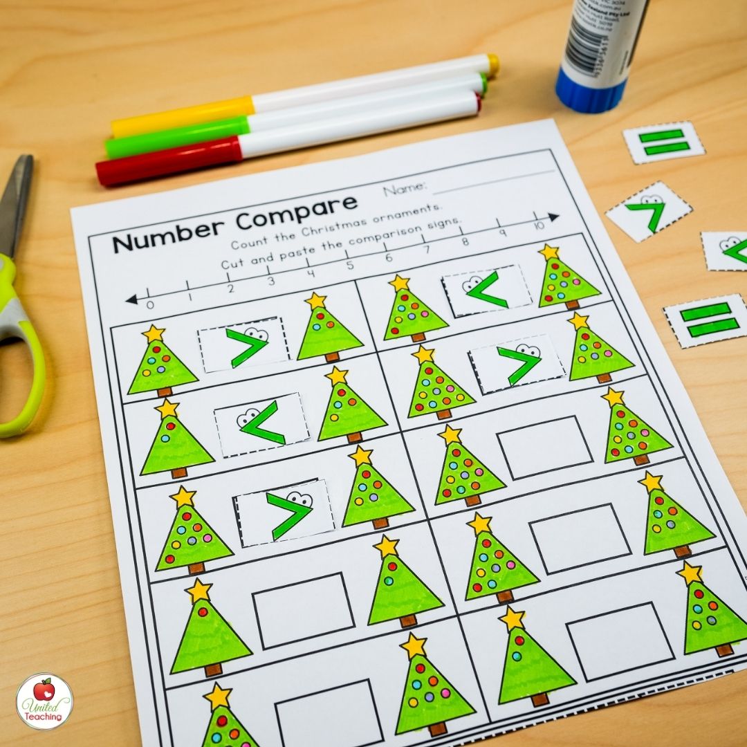 Christmas decoration number comparison math worksheet 