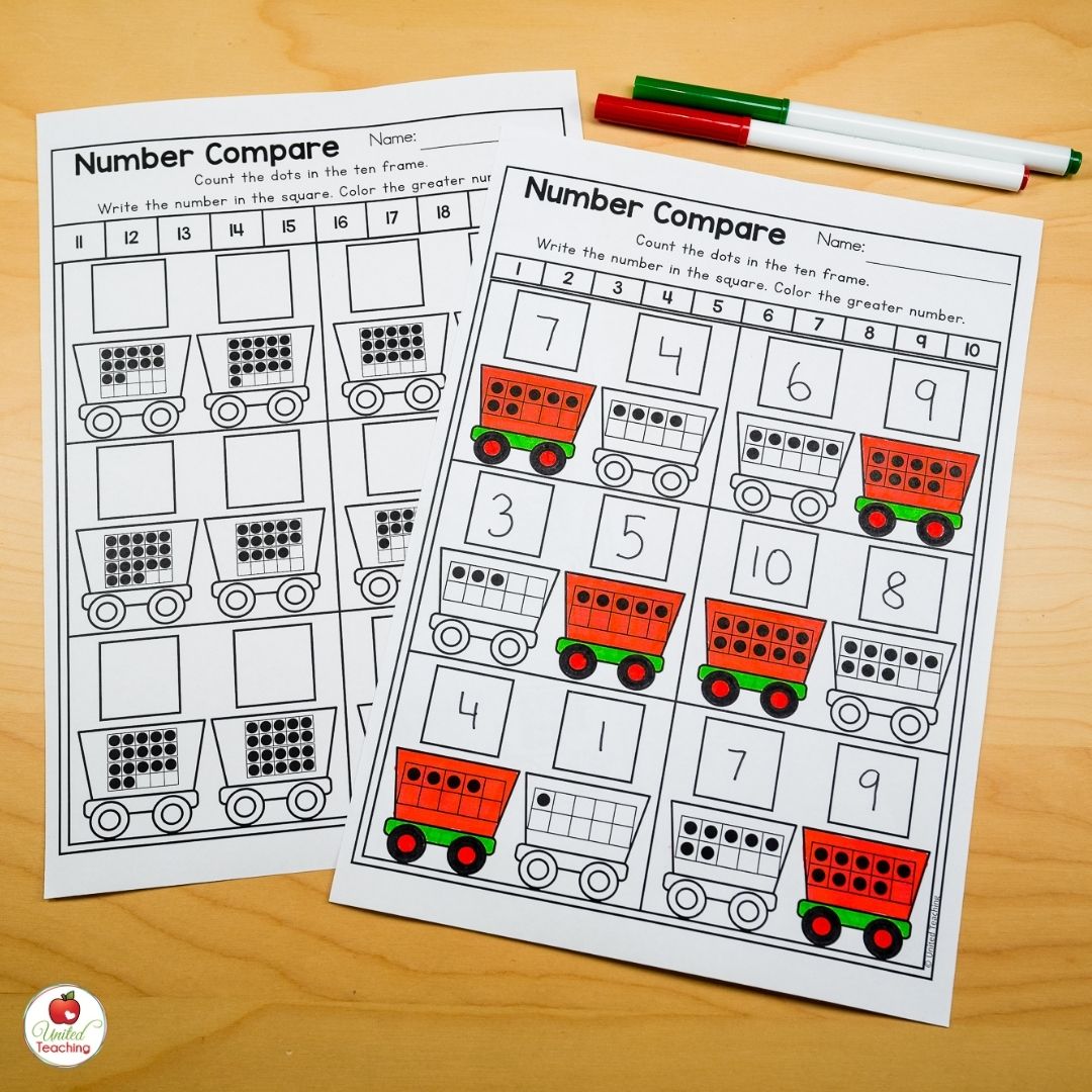 Christmas ten frame comparison worksheets for numbers 1-10