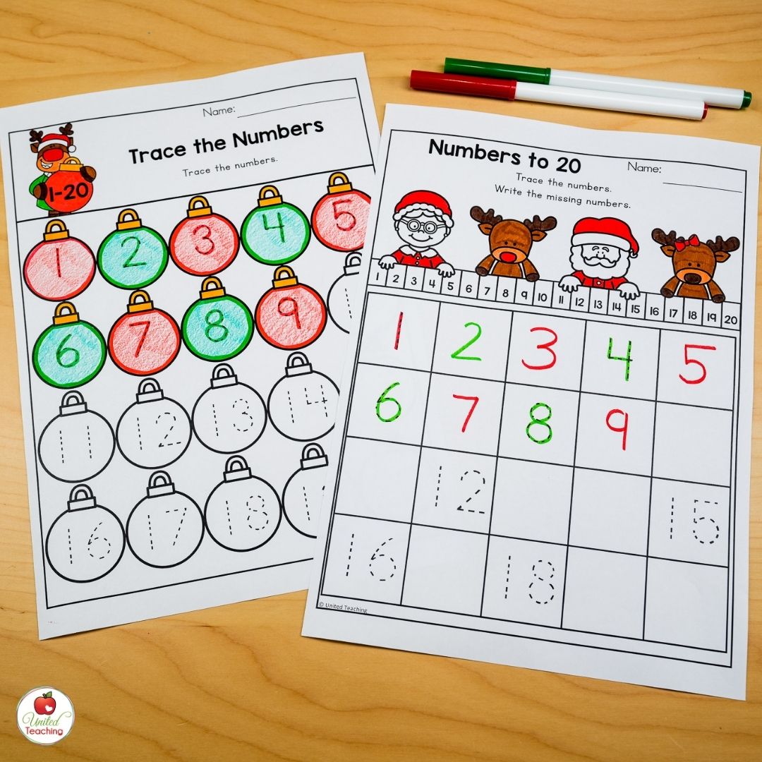 Number tracing Christmas worksheets for Kindergarten
