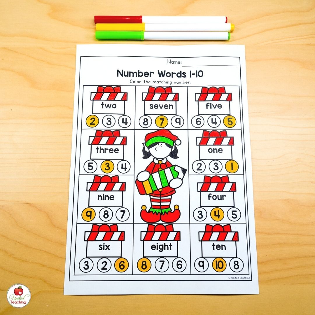 Christmas number words worksheet for numbers 1-10