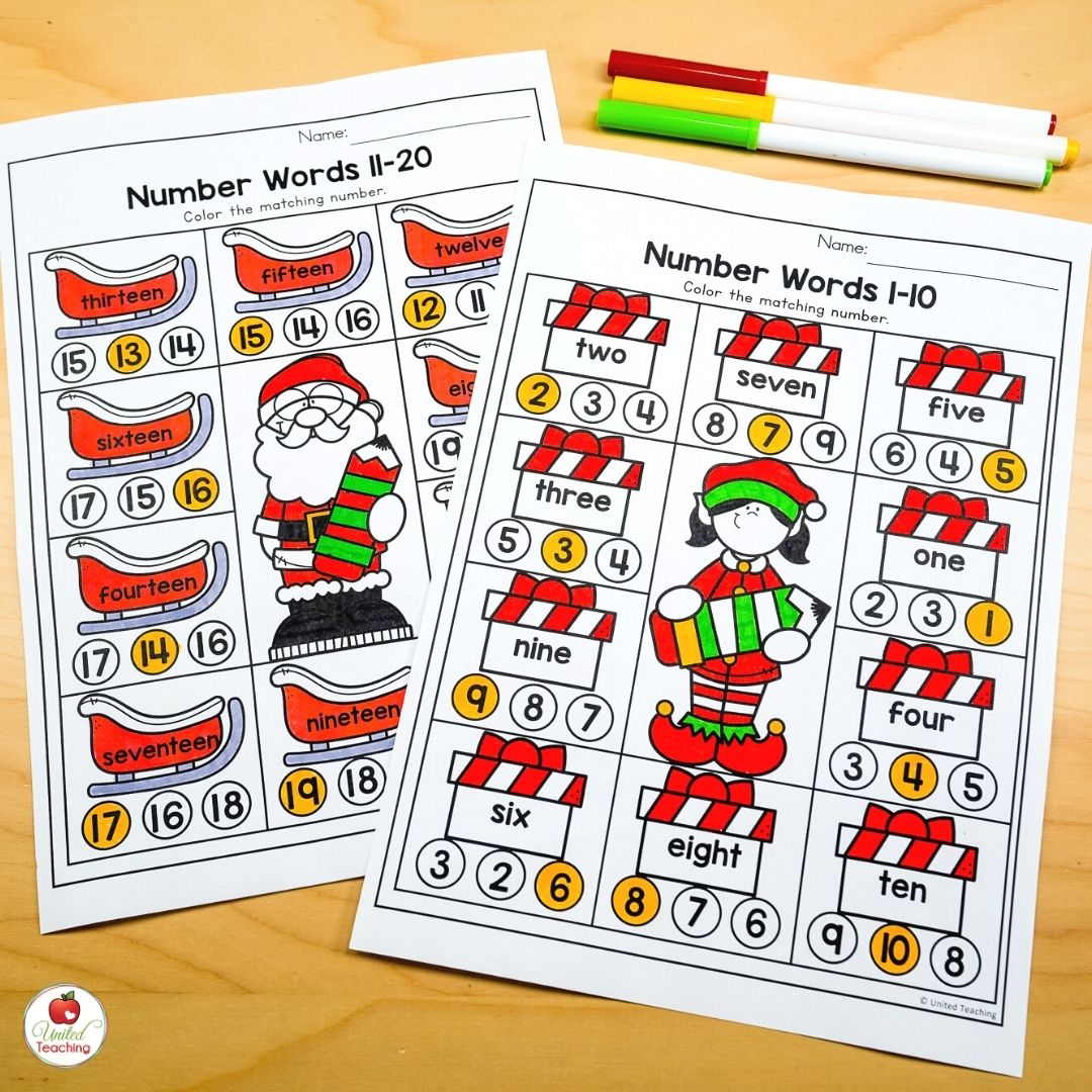 Christmas number words worksheets for December