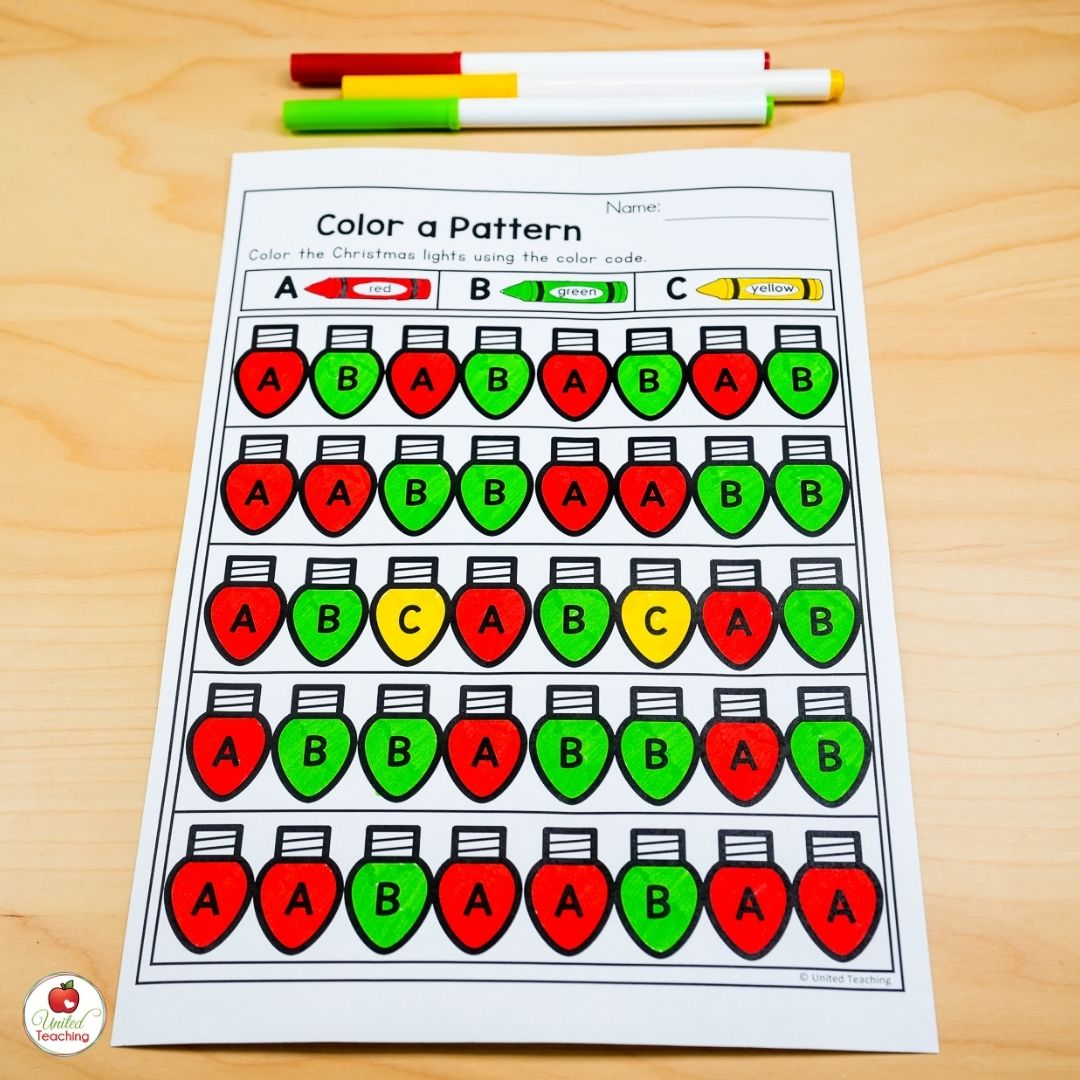 Christmas lights math pattern worksheet for December