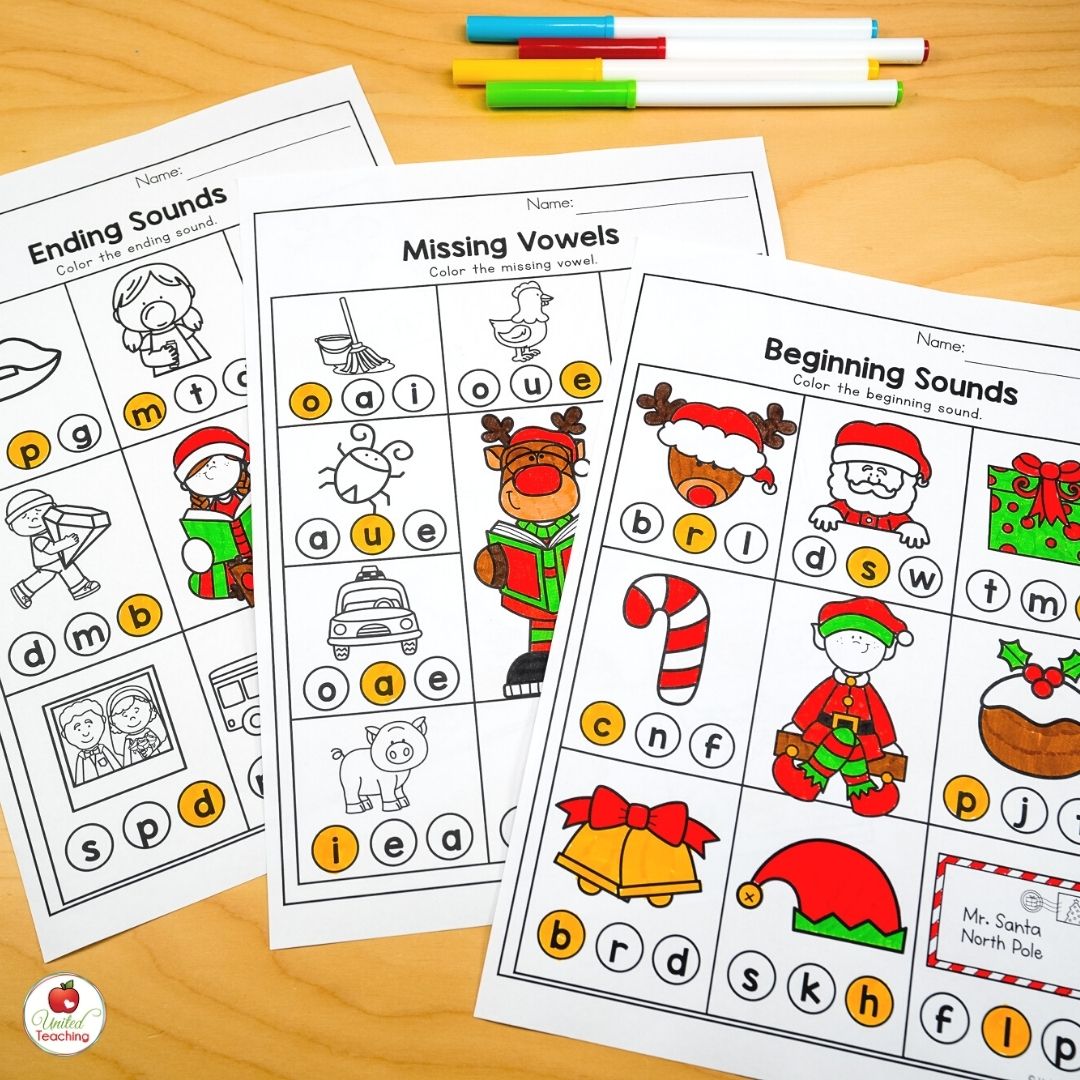 Missing beginning, middle, and ending sounds Christmas worksheets