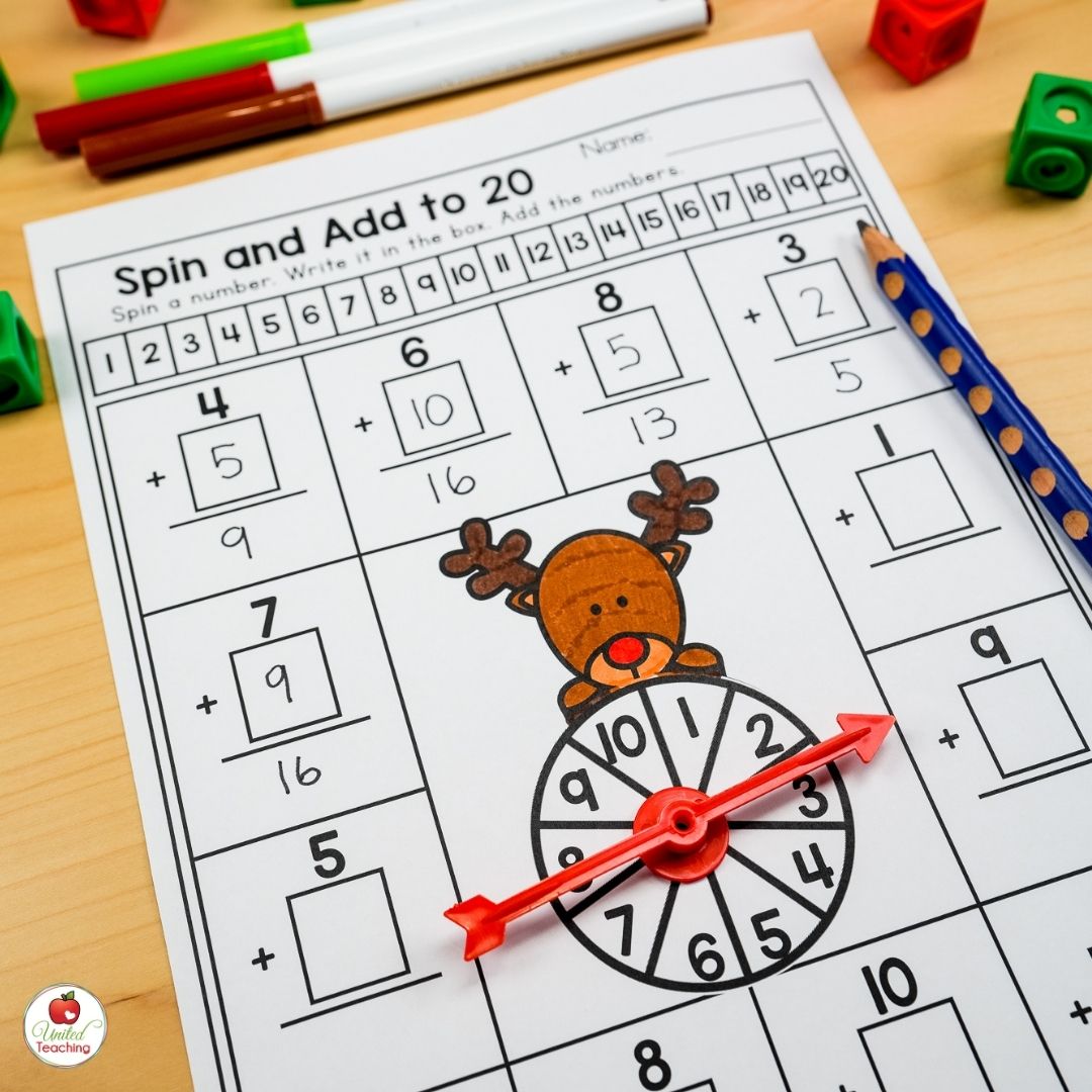 Spin and Add to 20 math worksheet for month of December