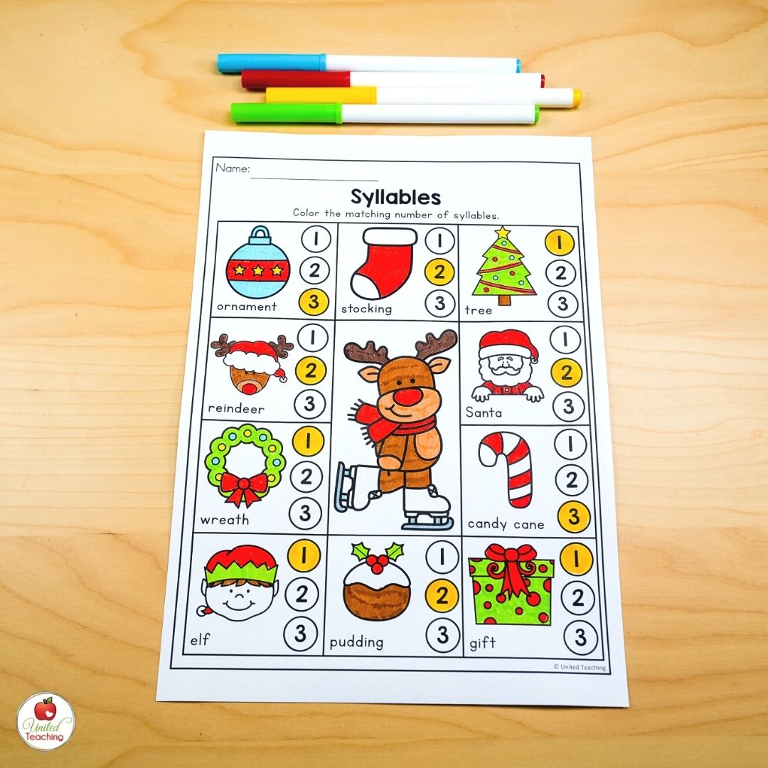 Counting Syllables Christmas worksheet for kindergarten 