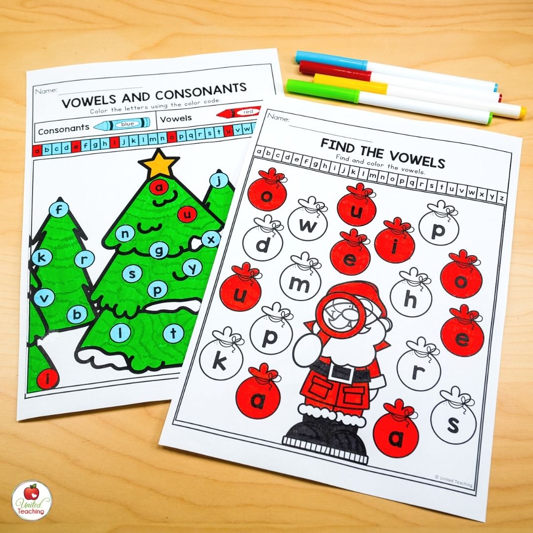 Consonant and Vowel Christmas worksheets for the month of December