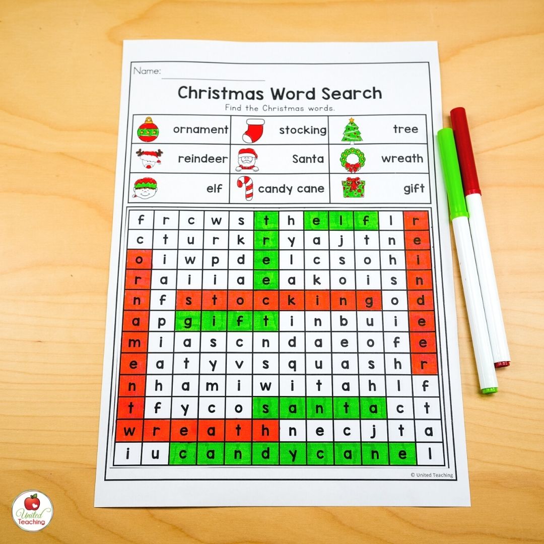 Christmas word search worksheet for December