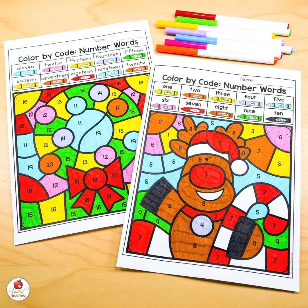 Color by Code Christmas math worksheets for numbers 1-20