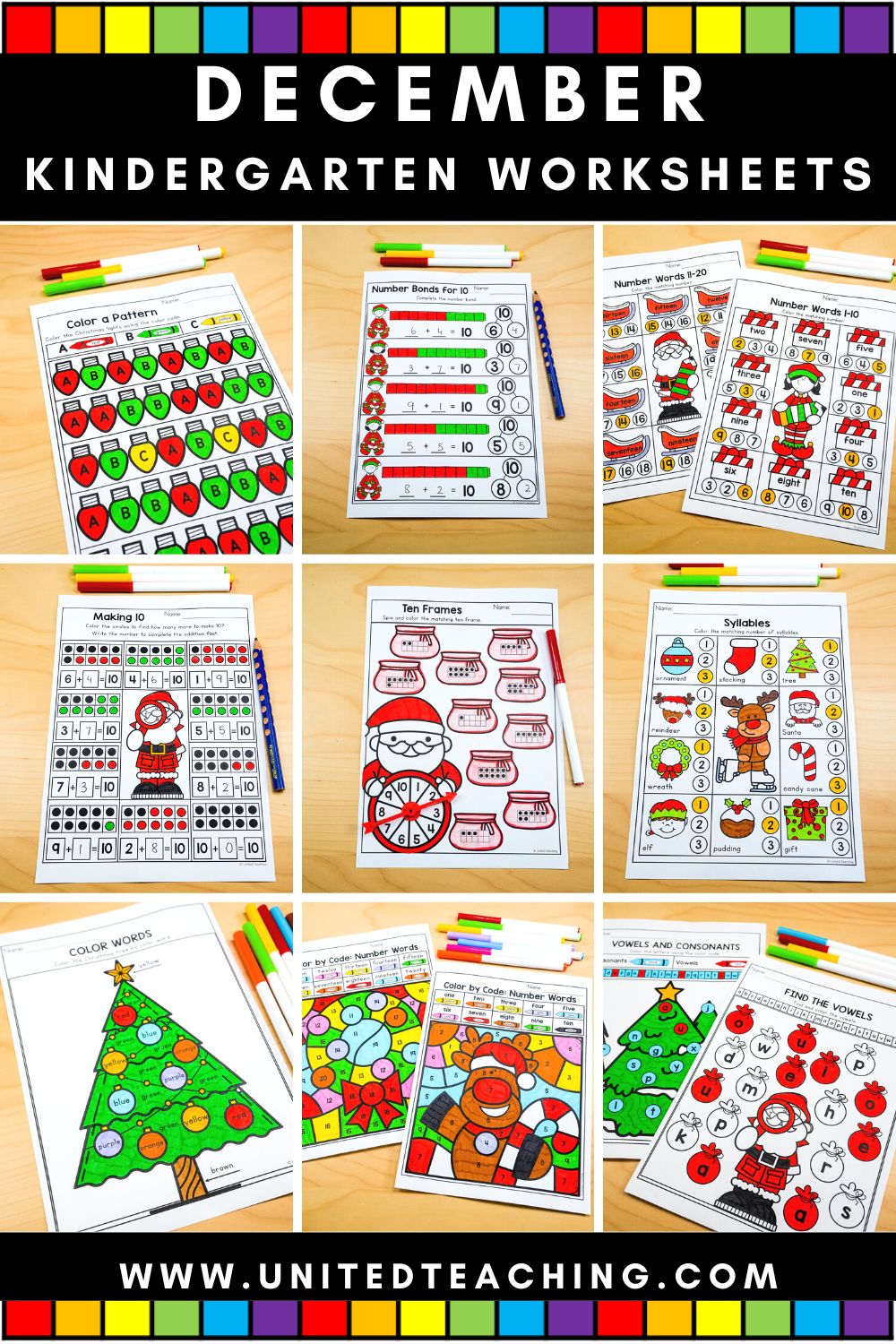 December Math and Literacy kindergarten worksheets pin for later