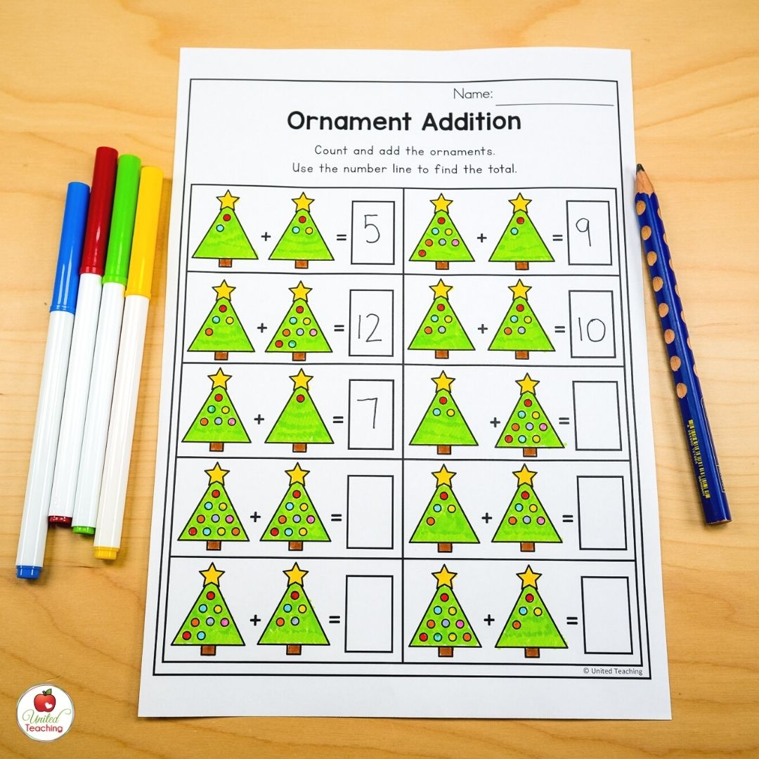 Ornament addition math worksheet for Christmas