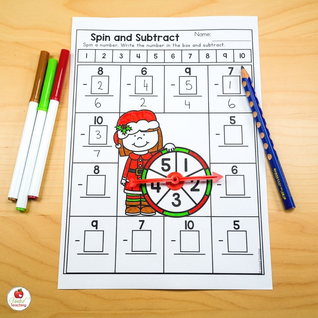 Spin and Subtract math worksheet for Christmas