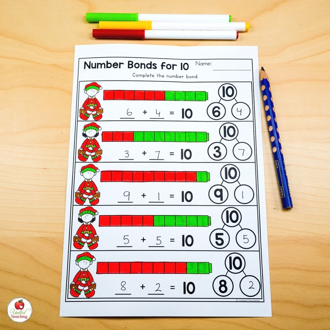 Number bonds for 10 Christmas math activity for kindergarten