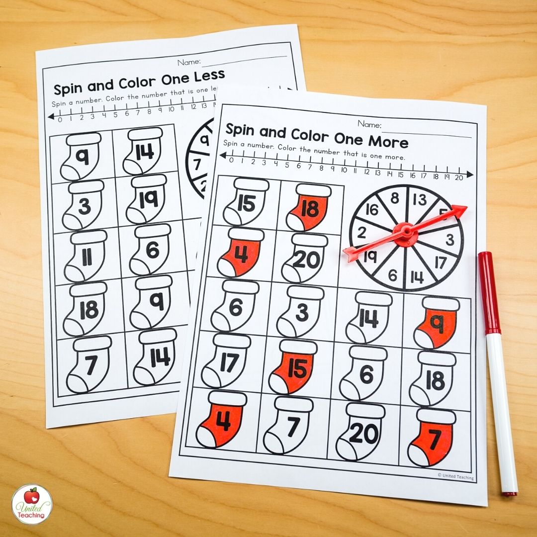 One more and one less math spinner worksheets