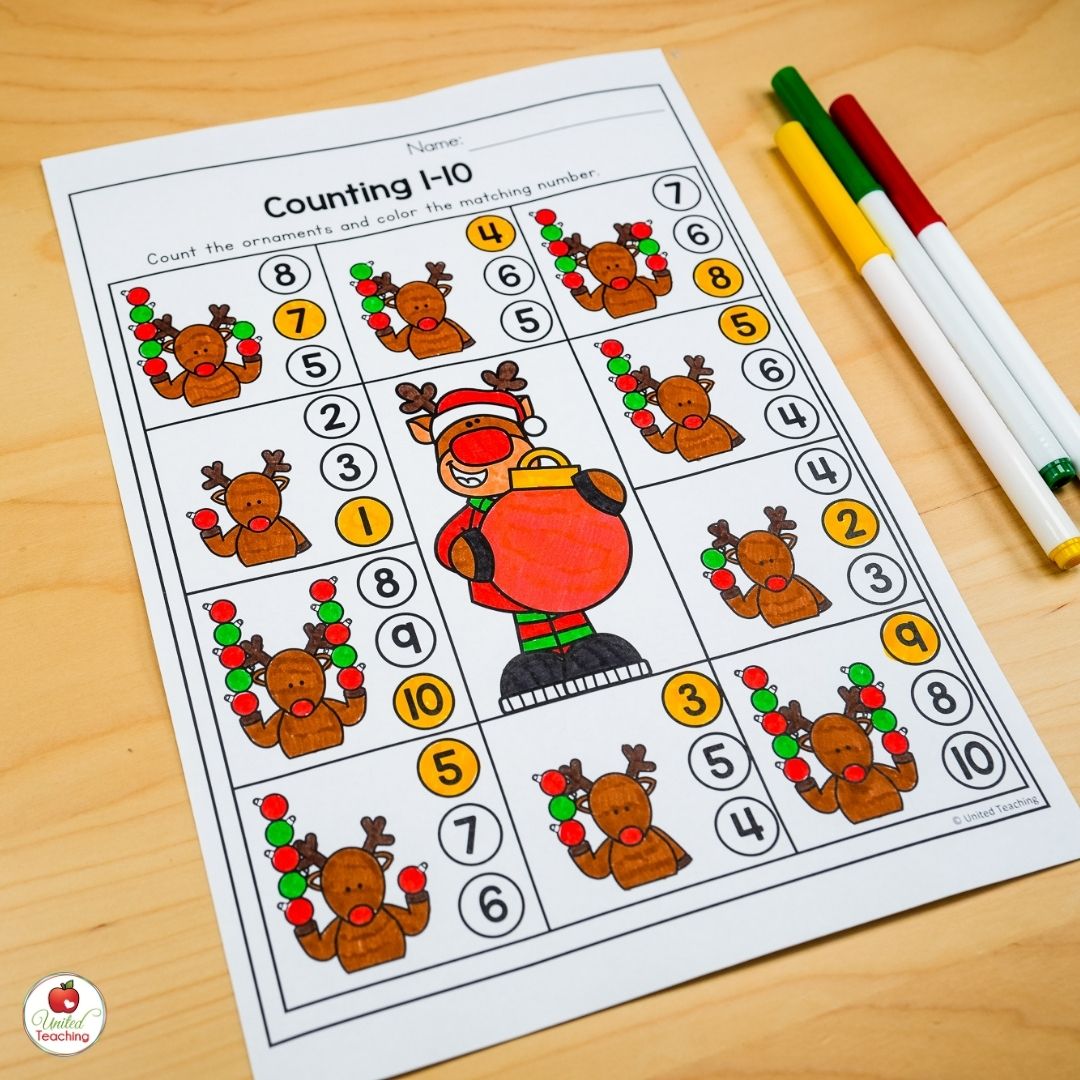 Counting 1-10 Christmas math worksheet for December
