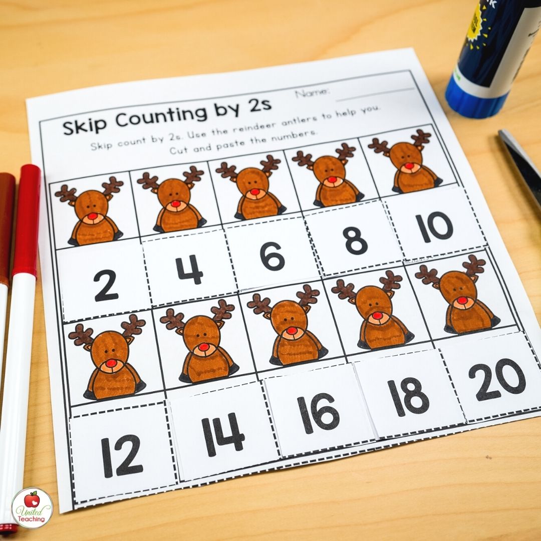 Skip counting by 2s cut and paste Christmas math worksheet