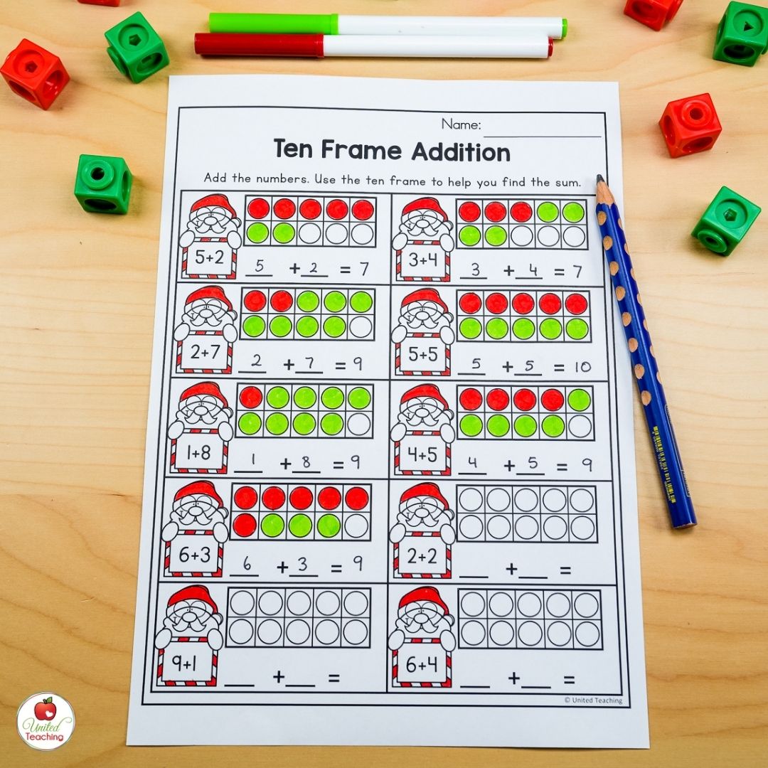 Ten Frame Addition math worksheet for Christmas and month of December