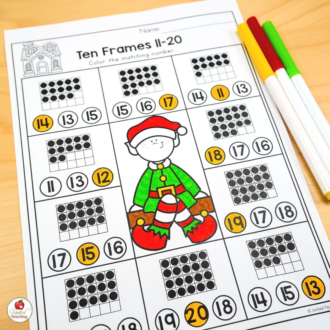 Ten Frames 11-20 Christmas math worksheet for kindergarten