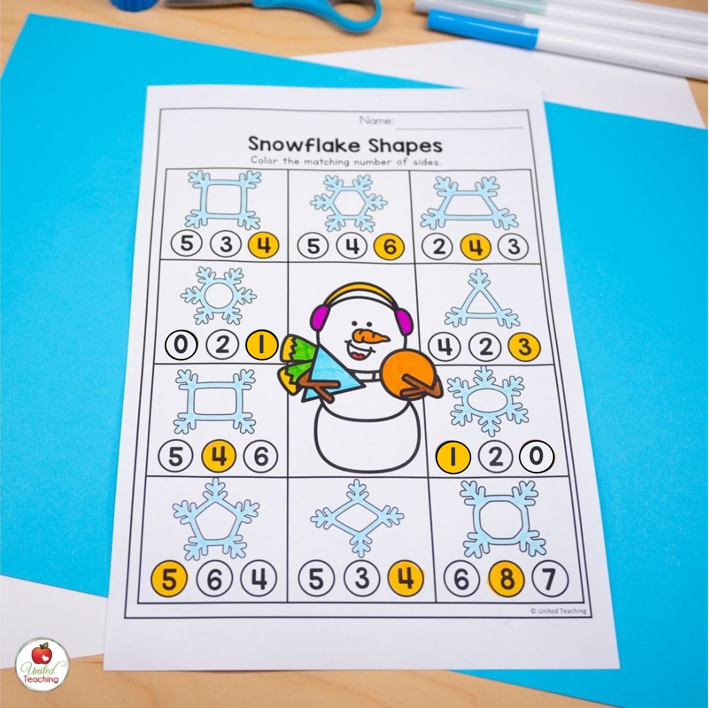 Winter snowflake 2D shapes kindergarten math worksheet for January
