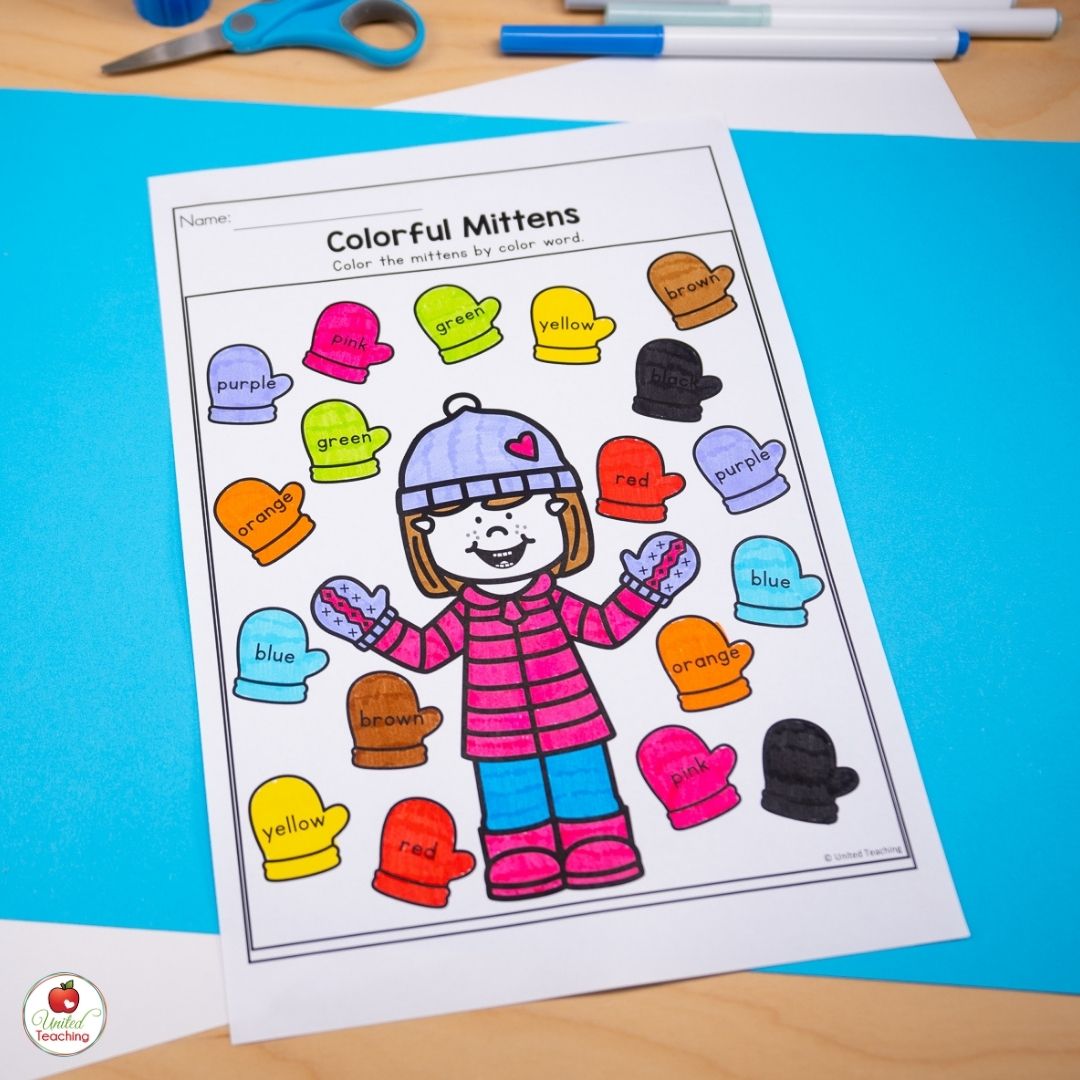 Winter color words worksheet for kindergarten
